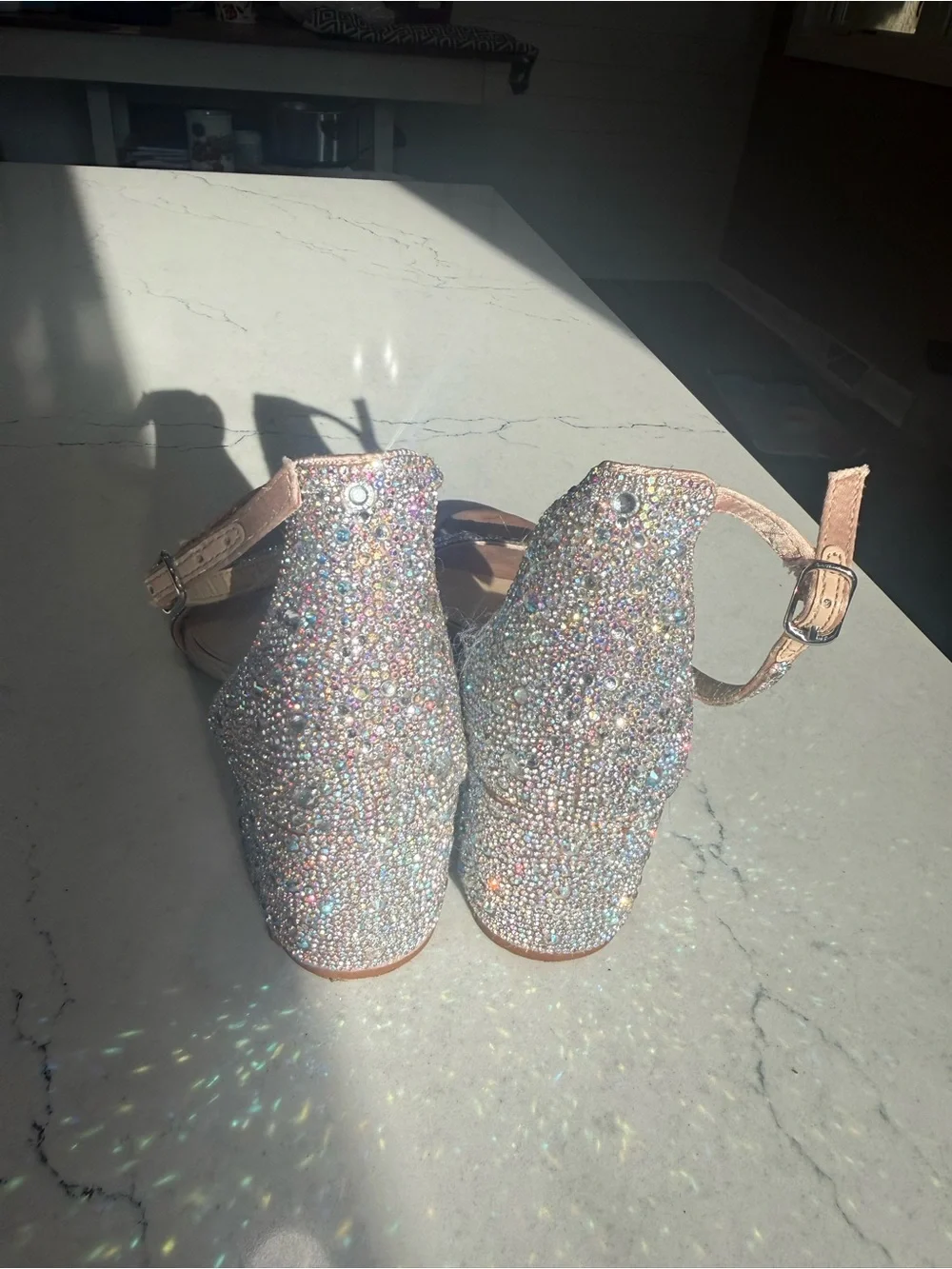 Betsey Johnson Beige Rhinestone Ankle Strap Block Heel Sandals Women's 8.5
